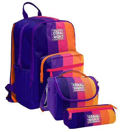 Coral High İlkokul ve Ortaokul Okul Çanta Üçlüsü - Kız Çocuk, Mor Turuncu Renkli Çizgili