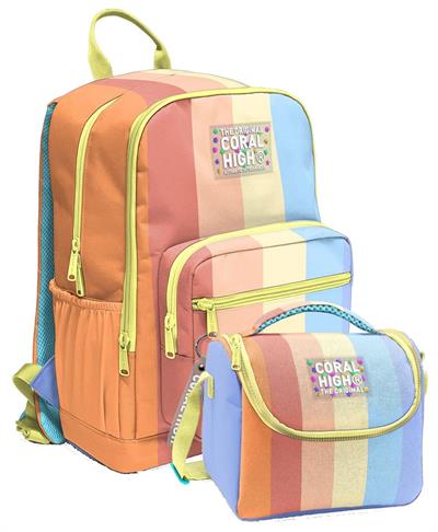 Coral High İlkokul ve Ortaokul Sırt Çantası ve Beslenme Seti - Kız Çocuklar İçin Turuncu Sarı Mavi Renkli Çizgili