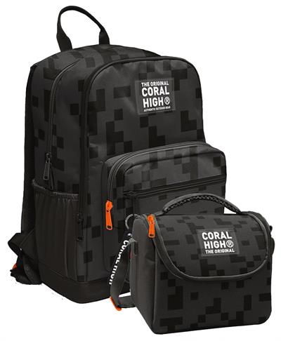 Coral High İlkokul ve Ortaokul Sırt Çantası ve Beslenme Seti - Erkek Çocuklar İçin Siyah Blok Desenli
