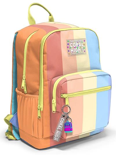 Coral High İlkokul ve Ortaokul Sırt Çantası 23680 - Kız Çocuk, Turuncu Sarı Mavi Renkli Çizgili, Dört Bölmeli