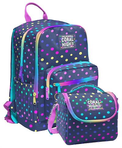 Coral High İlkokul ve Ortaokul Sırt Çantası ve Beslenme Seti - Kız Çocuklar İçin Puantiyeli Lacivert