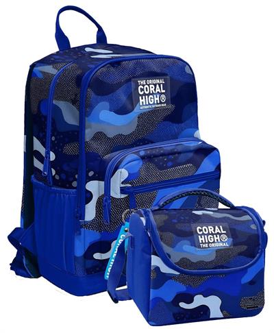 Coral High İlkokul ve Ortaokul Sırt Çantası ve Beslenme Seti - Erkek Çocuklar İçin Mavi Lacivert Kamuflaj