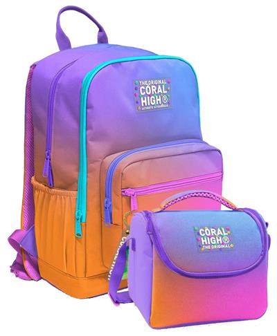 Coral High İlkokul ve Ortaokul Sırt Çantası ve Beslenme Seti - Kız Çocuklar İçin Turuncu Mor Renk Geçişli