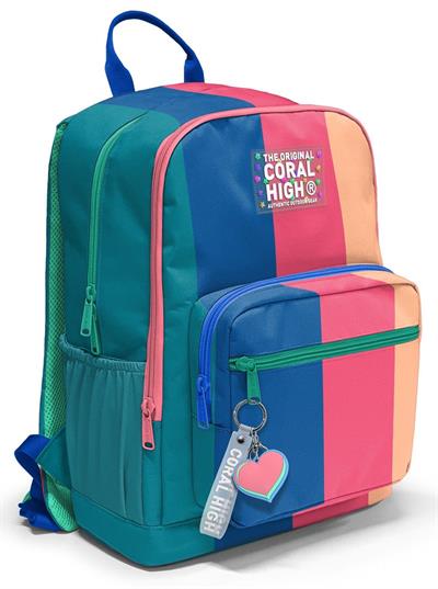 Coral High İlkokul ve Ortaokul Sırt Çantası 23679 - Kız Çocuk, Yeşil Mavi Pembe Renkli Çizgili, Dört Bölmeli