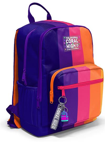 Coral High İlkokul ve Ortaokul Sırt Çantası 23674 - Kız Çocuk, Mor Turuncu Renkli Çizgili Baskılı, Dört Bölmeli