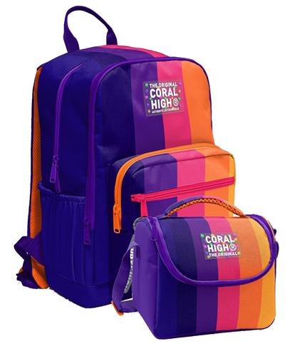 Coral High İlkokul ve Ortaokul Sırt Çantası ve Beslenme Seti - Kız Çocuklar İçin Mor Turuncu Renkli Çizgili