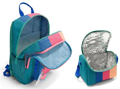 Coral High İlkokul ve Ortaokul Sırt Çantası ve Beslenme Seti - Kız Çocuklar İçin Yeşil Mavi Pembe Renkli Çizgili