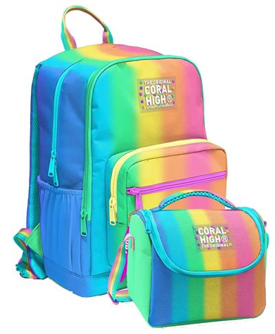 Coral High İlkokul ve Ortaokul Sırt Çantası ve Beslenme Seti - Kız Çocuklar İçin Renkli Çizgili Mavi Turuncu