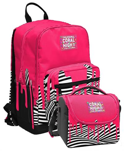 Coral High İlkokul ve Ortaokul Sırt Çantası ve Beslenme Seti - Kız Çocuklar İçin Pembe Siyah Beyaz Boya Desenli