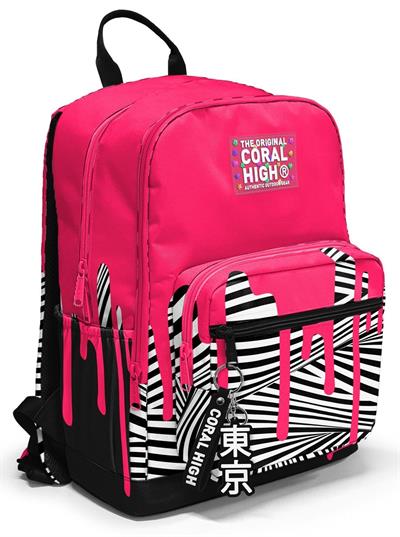 Coral High İlkokul ve Ortaokul Sırt Çantası 23678 - Kız Çocuk, Pembe Siyah Beyaz Boya Desenli, Dört Bölmeli