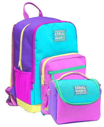 Coral High İlkokul ve Ortaokul Sırt Çantası ve Beslenme Seti - Kız Çocuklar İçin Mor Yeşil Pembe Çok Renkli