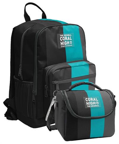 Coral High İlkokul ve Ortaokul Sırt Çantası ve Beslenme Seti - Erkek Çocuklar İçin Siyah Turkuaz Çizgili