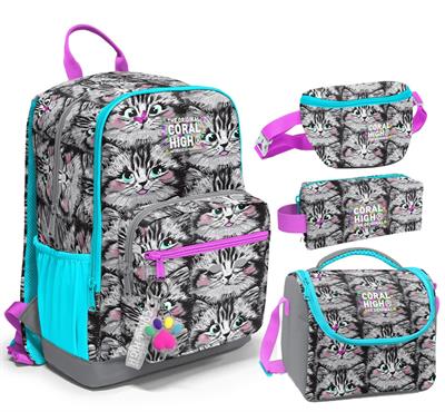 Coral High İlkokul/Ortaokul Çanta Seti ve Bel Çantası- Gri Kedi - Kız Çocuk