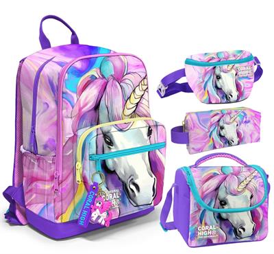 Coral High İlkokul/Ortaokul Çanta Seti ve Bel Çantası- Unicorn - Kız Çocuk