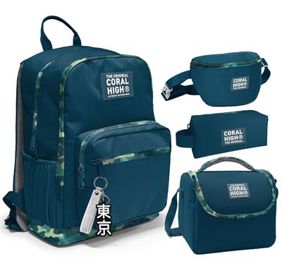 Coral High İlkokul/Ortaokul Çanta Seti ve Bel Çantası- Nefti Kamuflaj - Erkek Çocuk