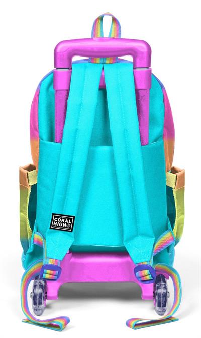 Coral High Işıklı Tekerlekli Çekçek Okul Çantası - 3 Bölmeli, 2li Sap Ayarı, Pembe Yeşil Çok Renkli (Kız Çocuk) 23970
