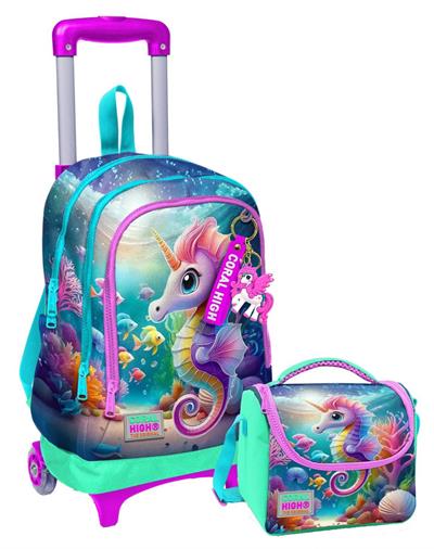 Coral High Işıklı Tekerlekli Çekçek Okul Çanta + Isı Yalıtımlı Beslenme Çantası - Kız Çocuk - Su Yeşili Denizatı