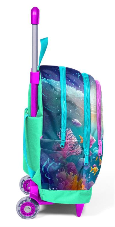 Coral High Işıklı Tekerlekli Çekçek Okul Çantası - 3 Bölmeli, 2li Sap Ayarı, Su Yeşili Denizatı Desenli (Kız Çocuk) 23972