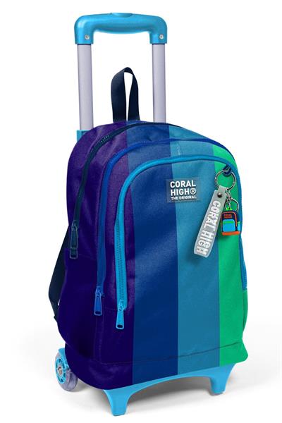 Coral High Işıklı Tekerlekli Çekçek Okul Çantası - 3 Bölmeli, 2li Sap Ayarı, Lacivert Yeşil Renkli Çizgili (Erkek Çocuk) 23981