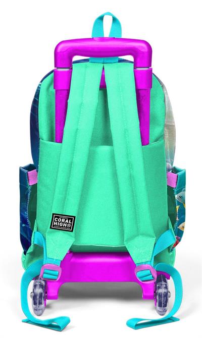 Coral High Işıklı Tekerlekli Çekçek Okul Çantası - 3 Bölmeli, 2li Sap Ayarı, Su Yeşili Denizatı Desenli (Kız Çocuk) 23972