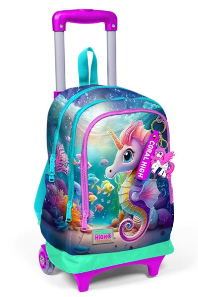 Coral High Işıklı Tekerlekli Çekçek Okul Çantası - 3 Bölmeli, 2li Sap Ayarı, Su Yeşili Denizatı Desenli (Kız Çocuk) 23972