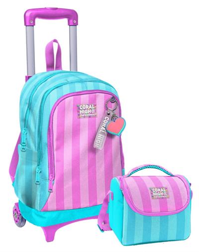 Coral High Işıklı Tekerlekli Çekçek Okul Çanta + Isı Yalıtımlı Beslenme Çantası - Kız Çocuk - Turkuaz Pembe Çizgili