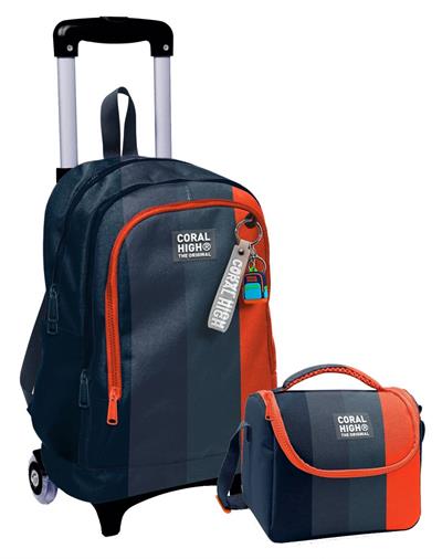 Coral High Işıklı Tekerlekli Çekçek Okul Çanta + Isı Yalıtımlı Beslenme Çantası - Erkek Çocuk - Siyah Turuncu Renkli Çizgili