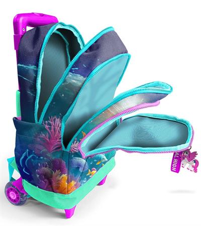 Coral High Işıklı Tekerlekli Çekçek Okul Çantası - 3 Bölmeli, 2li Sap Ayarı, Su Yeşili Denizatı Desenli (Kız Çocuk) 23972