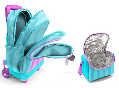 Coral High Işıklı Tekerlekli Çekçek Okul Çanta + Isı Yalıtımlı Beslenme Çantası - Kız Çocuk - Turkuaz Pembe Çizgili