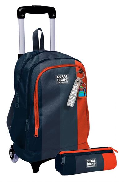 Coral High Işıklı Tekerlekli Erkek Çocuk, Siyah Turuncu Renkli Çizgili Baskılı, İlkokul Çekçek Çanta ve Kalemlik Seti