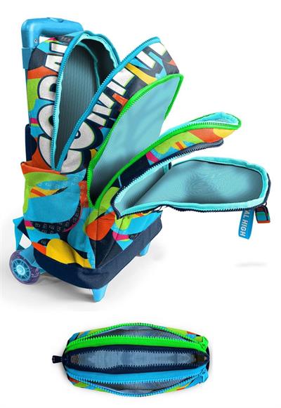 Coral High Işıklı Tekerlekli Erkek Çocuk, Lacivert Mavi Grafiti Baskılı, İlkokul Çekçek Çanta ve Kalemlik Seti