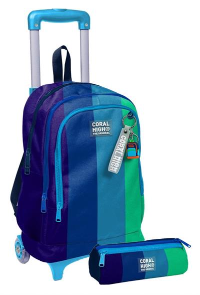 Coral High Işıklı Tekerlekli Erkek Çocuk, Lacivert Yeşil Renkli Çizgili Baskılı, İlkokul Çekçek Çanta ve Kalemlik Seti