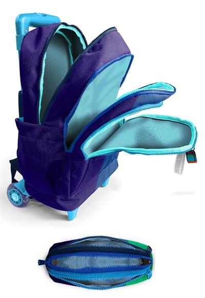 Coral High Işıklı Tekerlekli Erkek Çocuk, Lacivert Yeşil Renkli Çizgili Baskılı, İlkokul Çekçek Çanta ve Kalemlik Seti