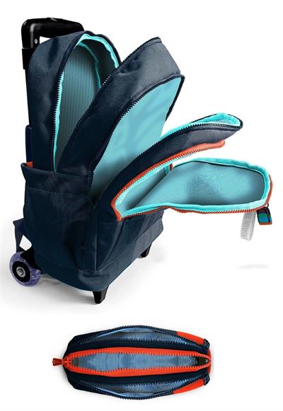 Coral High Işıklı Tekerlekli Erkek Çocuk, Siyah Turuncu Renkli Çizgili Baskılı, İlkokul Çekçek Çanta ve Kalemlik Seti