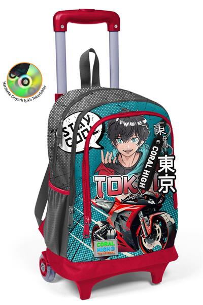 Coral High Işıklı Tekerlekli Gri Nefti Anime Motorsiklet Çekçek Okul Çantası - Erkek Çocuk