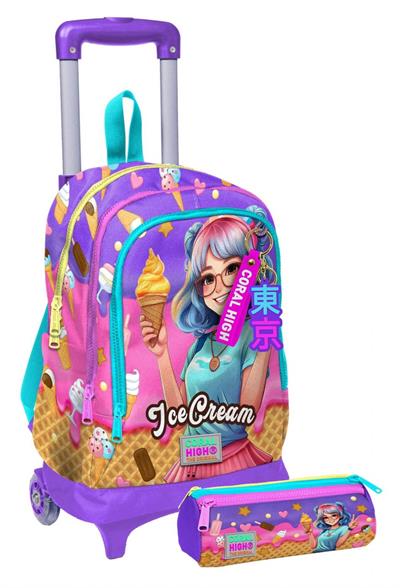 Coral High Işıklı Tekerlekli Kız Çocuk, Lila Turkuaz Dondurmalı Kız Baskılı, İlkokul Çekçek Çanta ve Kalemlik Seti