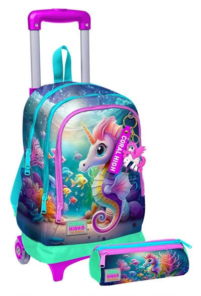 Coral High Işıklı Tekerlekli Kız Çocuk, Su Yeşili Denizatı Baskılı, İlkokul Çekçek Çanta ve Kalemlik Seti