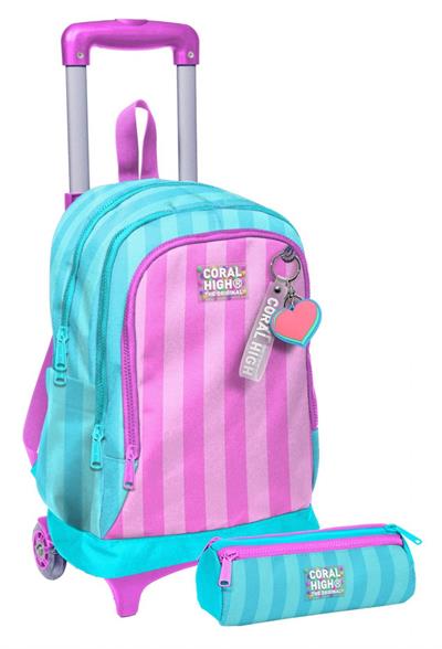 Coral High Işıklı Tekerlekli Kız Çocuk, Turkuaz Pembe Çizgili Baskılı, İlkokul Çekçek Çanta ve Kalemlik Seti