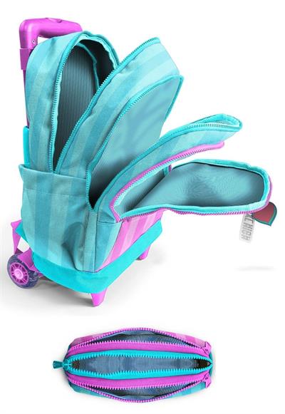 Coral High Işıklı Tekerlekli Kız Çocuk, Turkuaz Pembe Çizgili Baskılı, İlkokul Çekçek Çanta ve Kalemlik Seti
