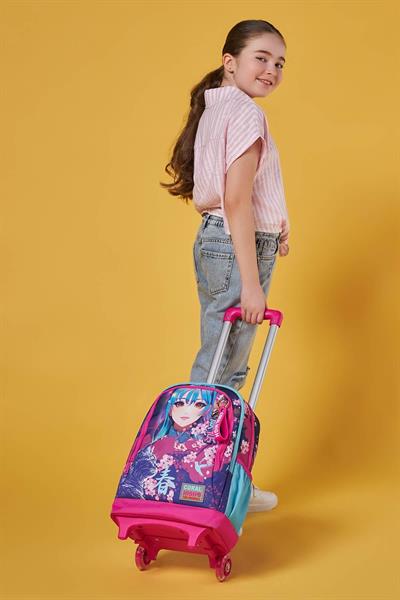 Coral High Işıklı Tekerlekli Mor Pembe Anime Kedi Çekçek Okul Çantası - Kız Çocuk