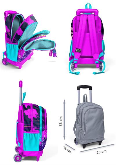 Coral High Işıklı Tekerlekli Mor Pembe Anime Kedi Çekçek Okul Çantası - Kız Çocuk