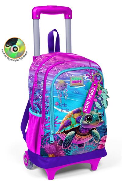 Coral High Işıklı Tekerlekli Pembe Mor Kaplumbağa Çekçek Okul Çantası - Kız Çocuk