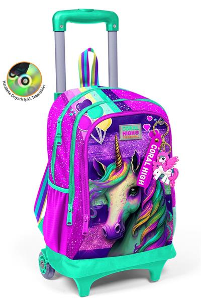Coral High Işıklı Tekerlekli Pembe Su Yeşili Unicorn Çekçek Okul Çantası - Kız Çocuk