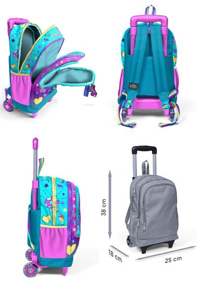 Coral High Işıklı Tekerlekli Pembe Turkuaz Kulaklık Paten Çekçek Okul Çantası - Kız Çocuk