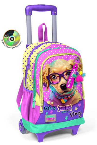 Coral High Işıklı Tekerlekli Sarı Pembe Sevimli Köpek Çekçek Okul Çantası - Kız Çocuk