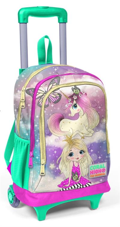 Coral High Işıklı Tekerlekli Unicorn ve Kız Çekçek Okul ve Seyahat Çantası Kız Çocuk Su Yeşili Pembe