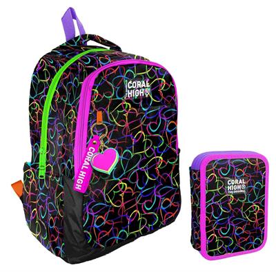Coral High Kalp Baskılı Siyah Pembe Kız Çocuk Okul Çantası ve Organizer Kalemlik Seti 23670+11145