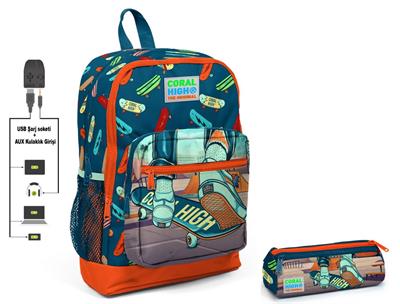 Coral High Kaykay Baskılı İlkokul Sırt Çantası ve Kalemlik Seti - Erkek Çocuk - USBLİ