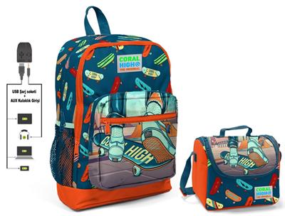 Coral High Kaykay Baskılı Okul Çantası ve Beslenme Çantası Seti - Erkek Çocuk