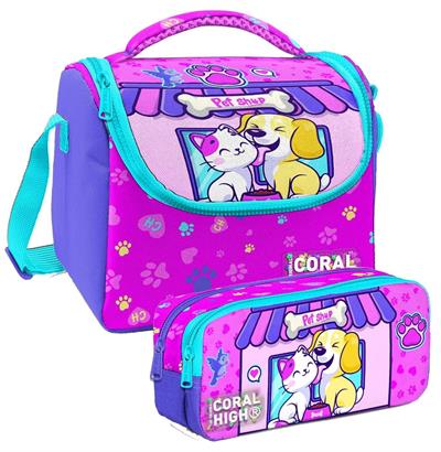 Coral High Kedi Köpek Desenli Kız Çocuk Isı Yalıtımlı Beslenme Çantası ve Kalemlik Seti